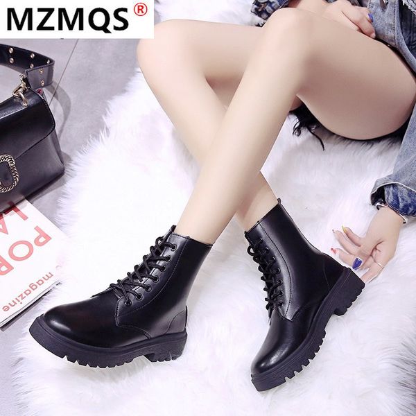

2020 new winter fashion women's boots lace-up thick-bottom boots round head square-heel thick bottom women's botas mujer, Black
