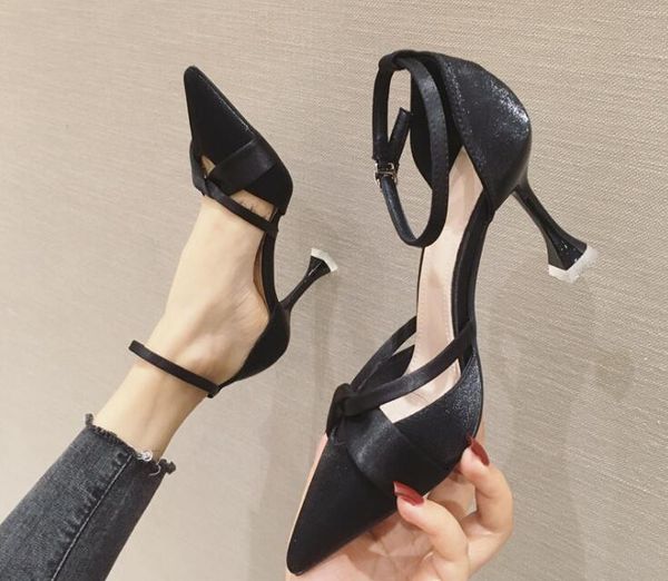 

satin hollow pointed french stiletto single shoes low upper party high heels solid color ladies sandals, Black