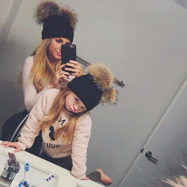 

baby girls boys winter warm knit hat wool hat double ball cap parent-child caps toddler hairball beanie caps, Blue;gray