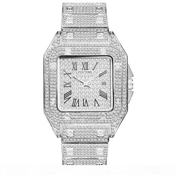 

hip hop iced out men watch square diamond quartz luxury mens wrist watches gold roman calendar steel clock relogio masculino, Slivery;brown