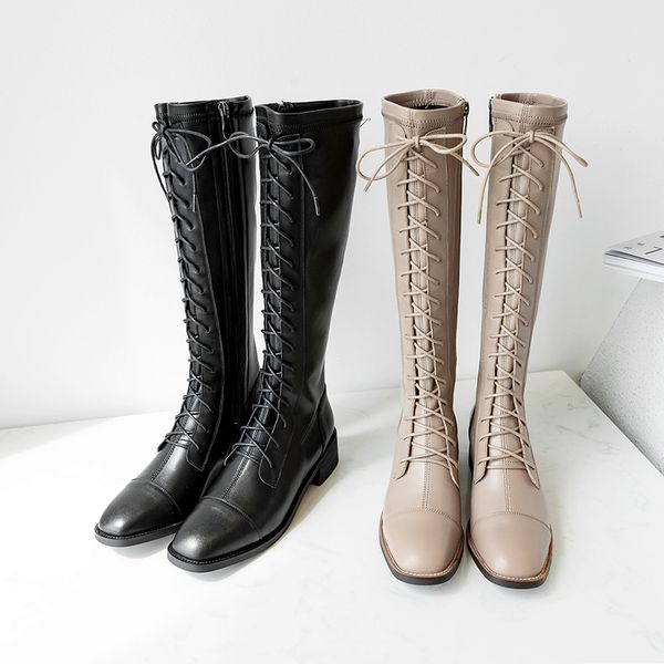 

new style ladies knee boots genuine leather riding boots women's side zipper autumn and winter women's shoes, Black