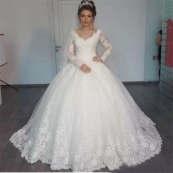 

Off Shoulder Long Sleeves Applique Floor Length Wedding Bridal Gowns Custom Made New Lace Wedding Dresses robe de soiree longue