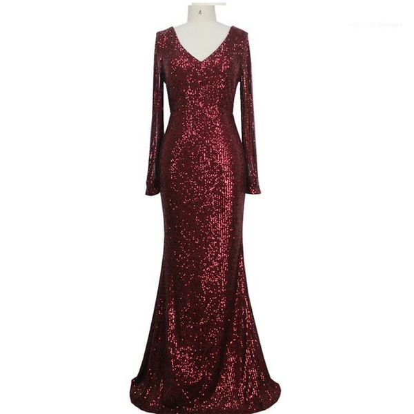 

long sleeve style female clothing fashion style casual apparel womens party designer sequined fishtail evening dress v neck, White;black