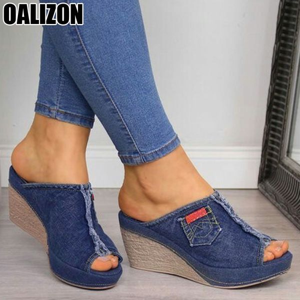 

new summer classical denim fabric women fashion casual mujer shoes thicken wedge heel girls peep toe slippers feminino shoes r48, Black