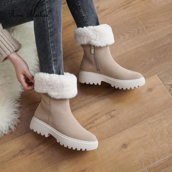 

roni bouker new 2020 winter warm shoes women zipper low heel shoe women's suede ankle booties woman plush snow boots size 42, Black