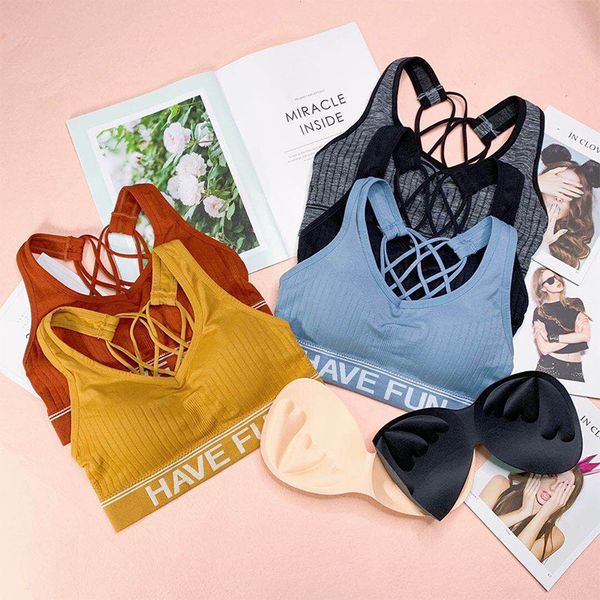 

back cross sports bra women push up solid letter running gym training workout femme padded underwear vest, White;black