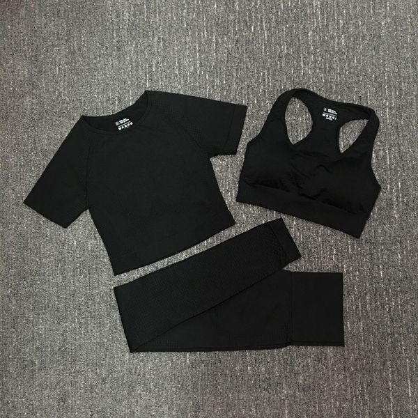 

fitness clothing yoga set seamless sports set women short sleeve 3pcs high waist leggings tracksuit workout clothes crop top, White;red