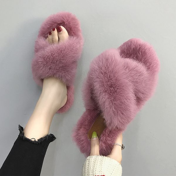 

shoes woman 2020 womens slippers outdoor low flock fur flip flops pantofle loafers luxury slides flat soft plush new designer, Black