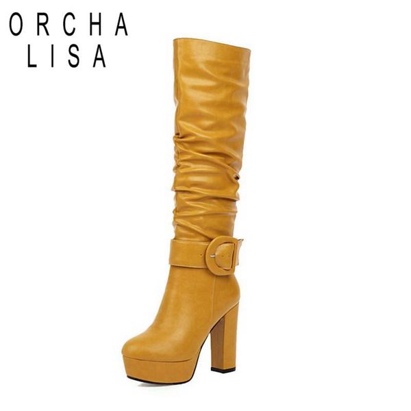 

orcha lisa pointed toe square thick heels platform women knee boots pull on big bukle pleated boots big size 32-46 autumn casual, Black
