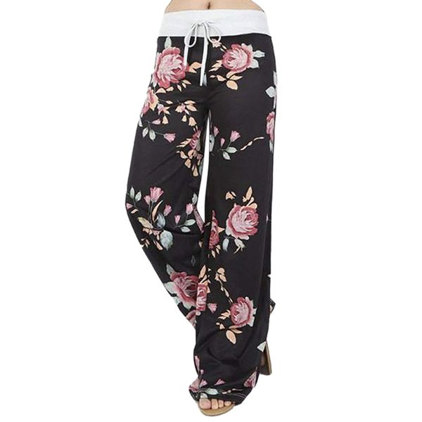 

women's summer casual pajama pants floral print drawstring lounge pants wide leg black xxl, Black;white