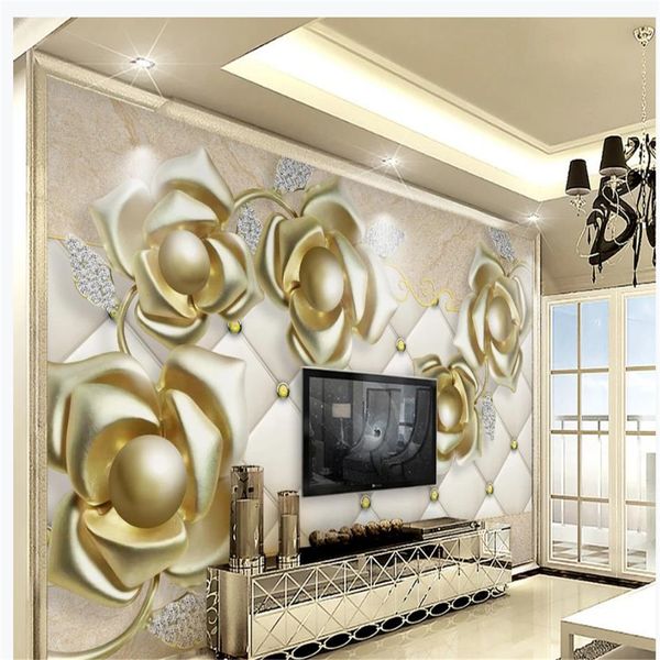 

luxury atmosphere 3d three-dimensional golden pearl flower jewelry wallpapers 3d stereoscopic wallpaper