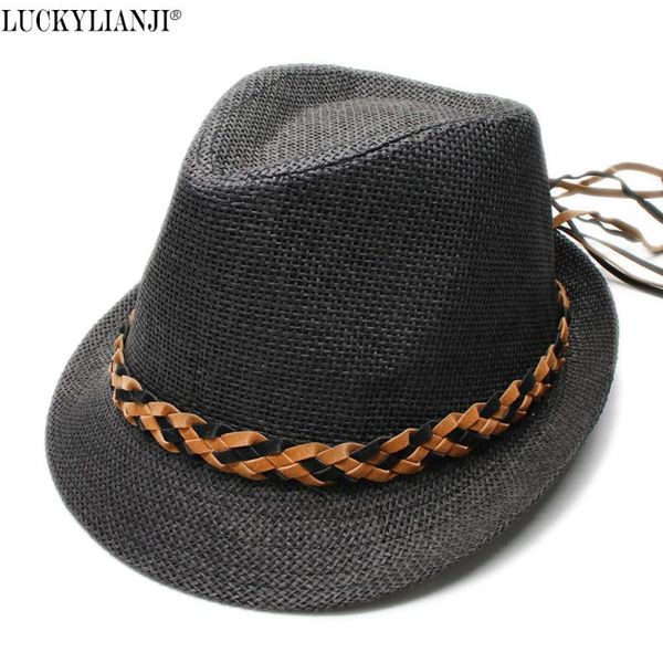 

luckylianji women's men's unisex's straw fedora sun beach jazz hat braid leather band ( 58cm, Blue;gray