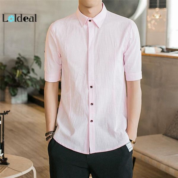 

loldeal summer linen five-point sleeve men's shirt short-sleeved buckle solid color lapel shirt male solid color lapel, White;black
