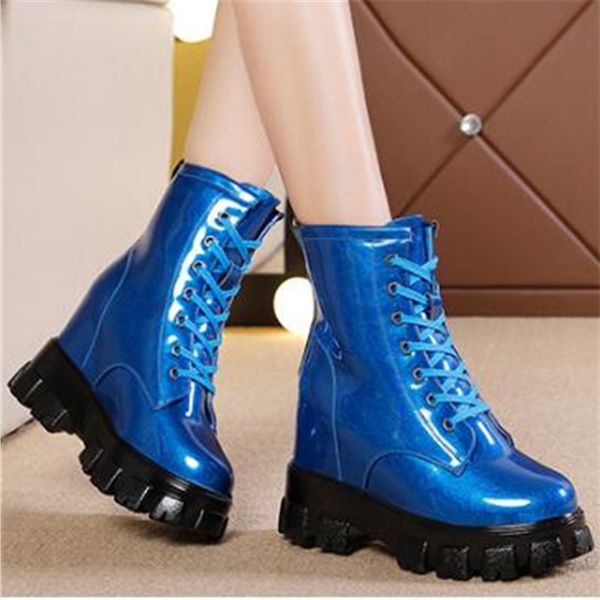 

2020 winter women pu leather short plush warm boots hidden heel woman ankle boots fashion lace up shoes ladies motorcycle, Black