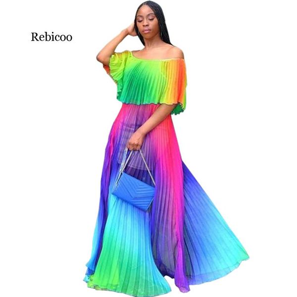 

rebicoo ruffle chiffon women summer beach dress boho rainbow tie dye print big swing strapless pleated long midi maxi dress, Black;gray