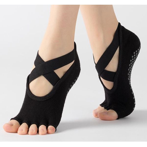 

sports socks soft yoga multicolor non-slip sticky barre workout 5 toes with cross elastic bandages for women, Black