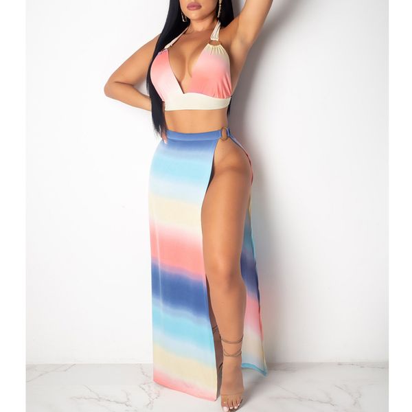 

women's tracksuits women sleeveless v neck crop and maxi skirt set hollow out back split two pieces party clubwear, Gray