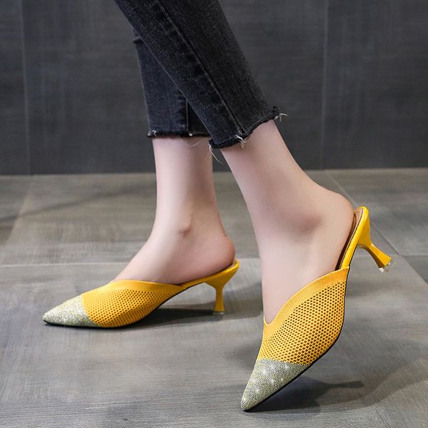 

summer 2020 new style sandals women baotou pointed mesh fabric fashion women slippers fine heel high heel shoes z825, Black