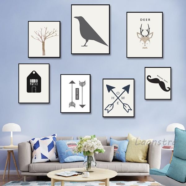 

nordic simple style black and white elk bird arrow cartoon art painting living room decoration wall hanging picture frameless