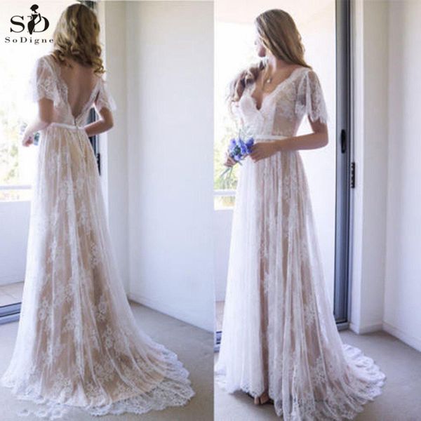 

champagne boho wedding dresses 2020 short sleeves v neck lace applique backless bridal dress beach wedding gowns robe de mariee, Blue;red