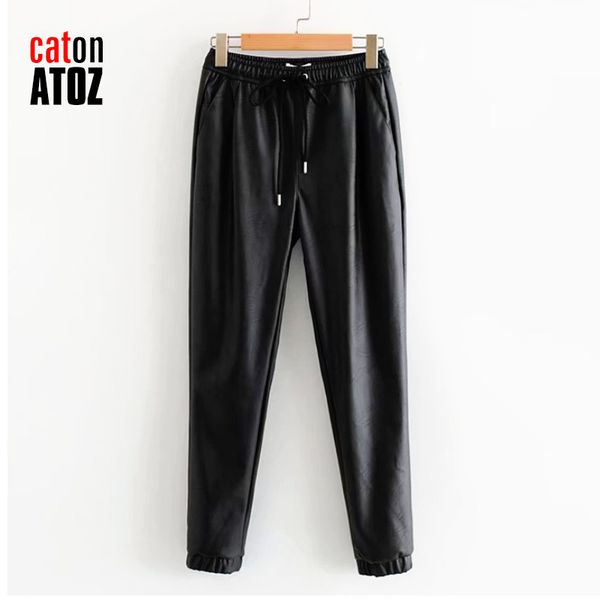 

catonatoz 2280 women black pu leather pants stretch waist drawstring tie pockets female autumn winter elegant trousers, Blue