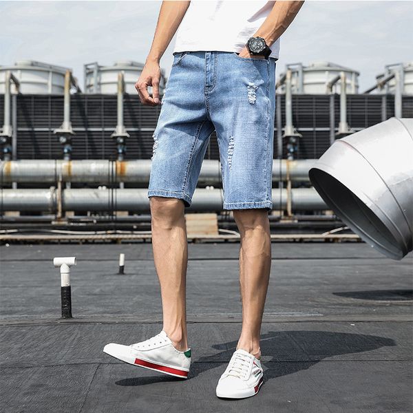 

men's denim shorts summer thin section trend loose five points korean version of the pants hole straight casual pants, Blue