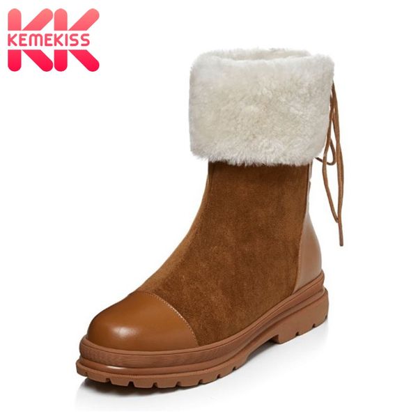 

kemekiss 2021 new shoes real leather ankle boots for women round toe fur warm lace up shoes ladies footwear winter size 34-39, Black