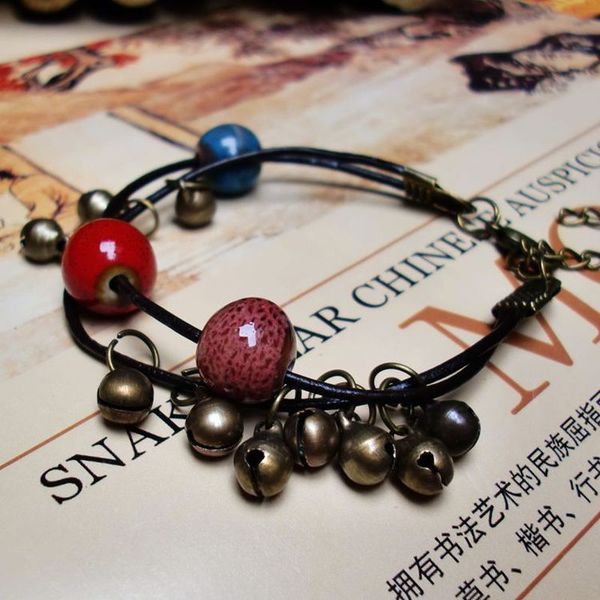 

new vintage simple national style bells pendant bracelet fashion personality girl women's ceramic beaded jewelry accessories, Red;blue