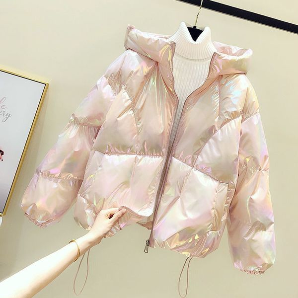 

2020 new winter jacket women's parkas hooded bread service down cotton jacket glossy parka warm padded cotton outwear, Black