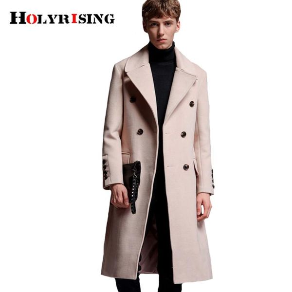 

holyrising men woolen coats long wool coat turn collar casual jackets mens overcoat slim wool oats plus szie s-6xl 18552-5, Black