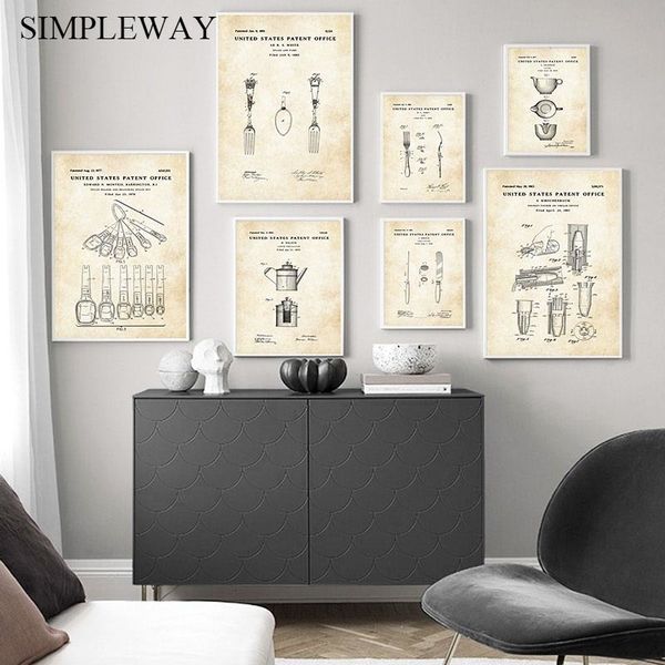 

kitchen vintage poster wine knife patent blueprint canvas print wall art painting creative picture dinging room l decoration
