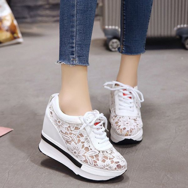 

women flat platform lace mesh vulcanize shoes new spring female lace up casual height increasing shoes ladies fashion, Black