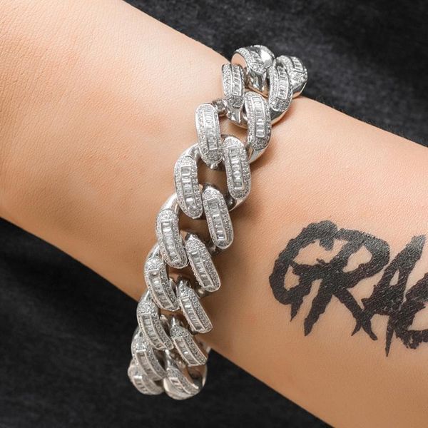 

19mm baguette cuban link bracelet full iced out bling hip hop dad jewelry, Black