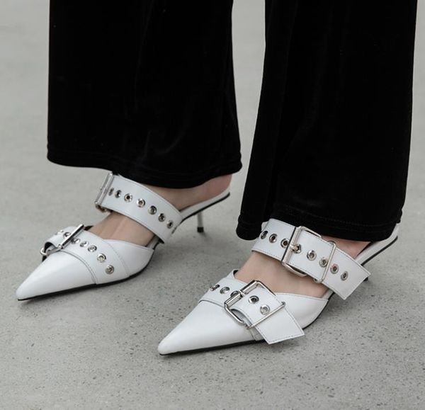 

grade france brand calfskin leather metal heel mules 2020 luxury women designer shoes green white 40mm tradingbear, Black