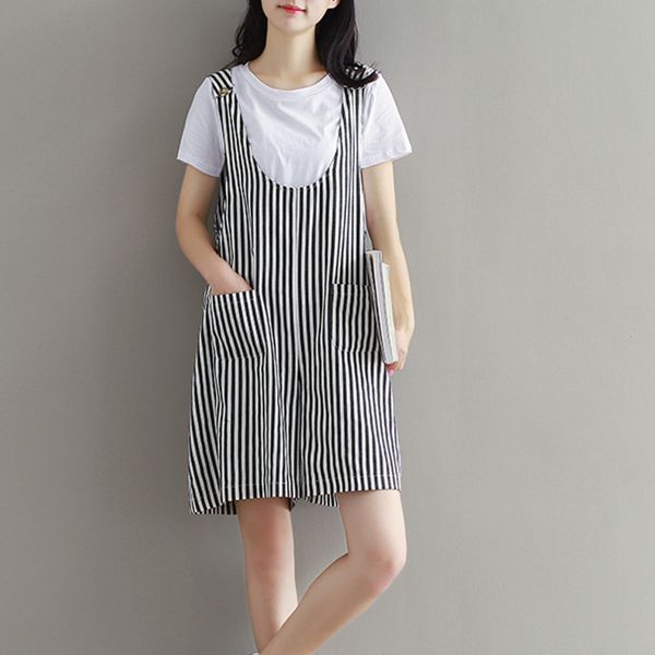 

#1530 summer vertrical striped playsuit women loose casual vintage cotton line playsuits thin wide leg short overalls for women, Black;white