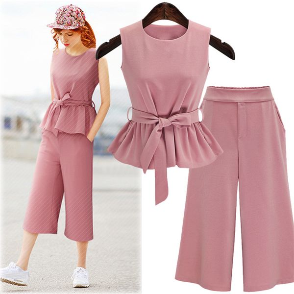 

women's tracksuits 2021 plus size 5xl summer european style sleeveless three quarter pants women sets pink color sashes bow female sui, Gray