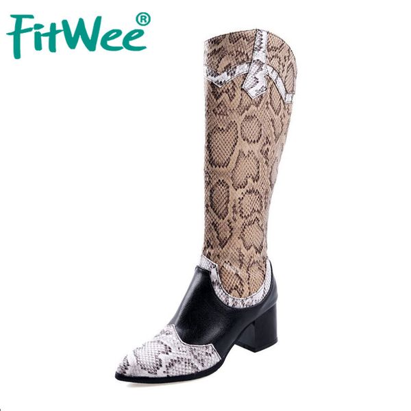 

boots fitwee snakeskin knee high pointed toe zipper square heels shoes winter warm long women footwear size 32-43, Black