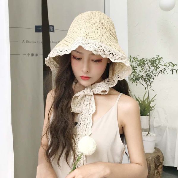

straw hat female summer lace lace beach hat small fresh seaside holiday sun protection sun shade strap female, Blue;gray