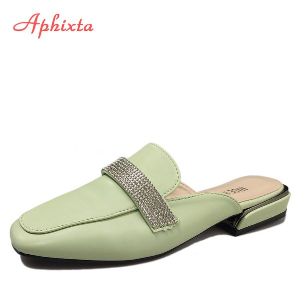 

aphixta big size 43 crystals muler women slippers square toe ladies slides women shoes summer fashion footwear, Black