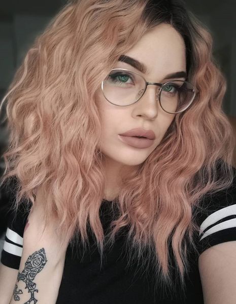 

short bob wavy lace front wigs for women pink ombre dark roots to mixed pink glueless synthetic hair wig heat resistant middle parting, Black
