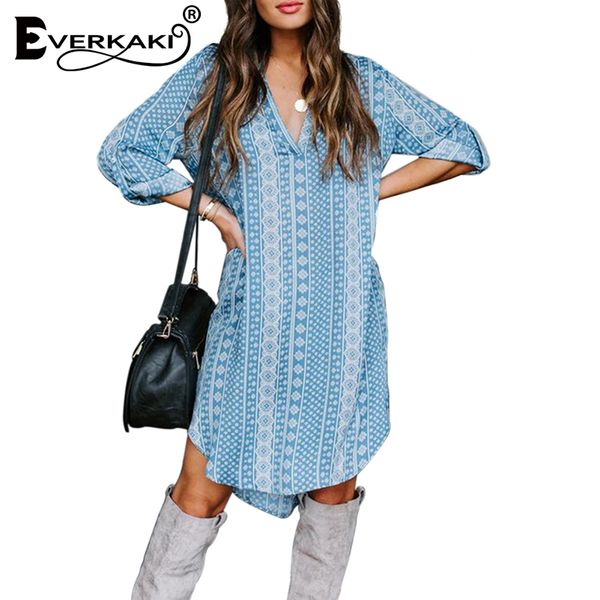 

everkaki boho print short dress women loose summer vestidos casual ladies gypsy mini dresses vintage female 2020 spring new, Black;gray