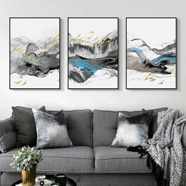 

canvas poster golden bird painting abstract blue ink landscape decoration blue print gold wall art picture white and black art