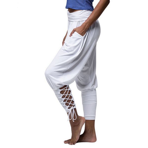

2020 women's feet pants high waist pockets strap casual bandage loose trousers solid color slim yoga pants sweatpants, White;red