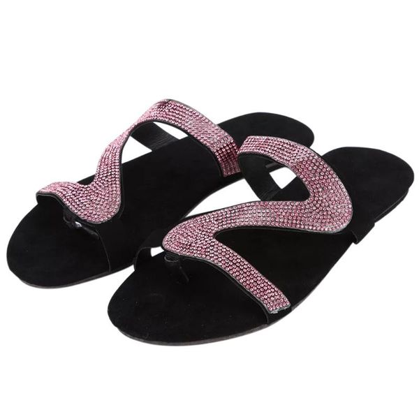 

women summer rhinestone flat slippers wear-resistant non-slip soles open toe beach sandals soft breathable ladies flip flops, Black