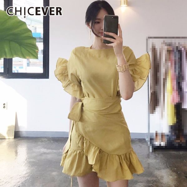 

chicever 2020 summer dress for women high waist petal sleeve adjust slim short women's dresses female clothes fashion korean new, Black;gray