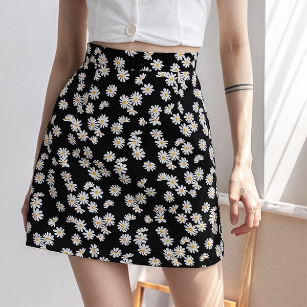 

skirts summer women fashion mini skirt 2021 korean daisy printed high waist slim bag hip short print, Black