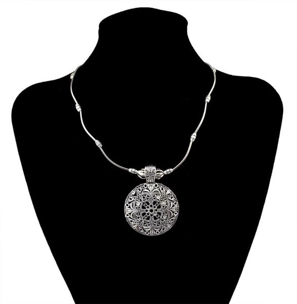 

vintage silver color bohemian blue stone necklace women geometric pendant necklace carved flower tribal gypsy party jewelry gift, Golden;silver
