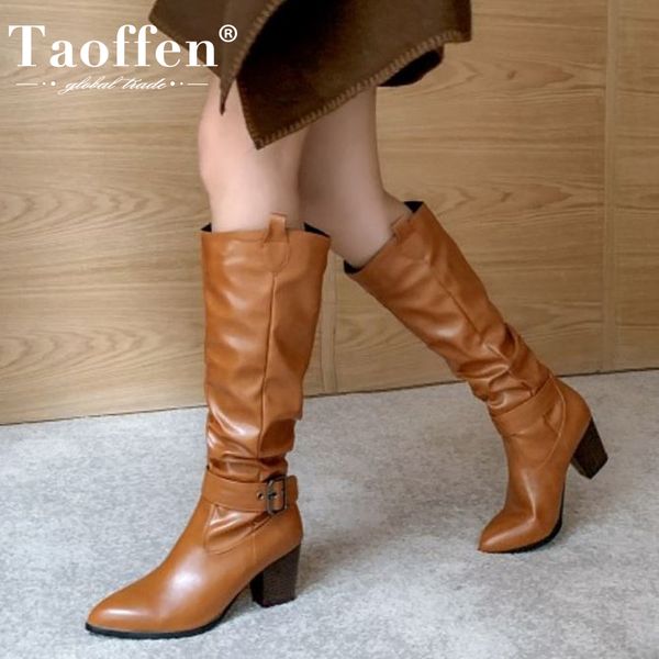 

taoffen women long boots fashion thick heel winter shoes woman warm buckle knee high boot office lady footwear size 32-46, Black