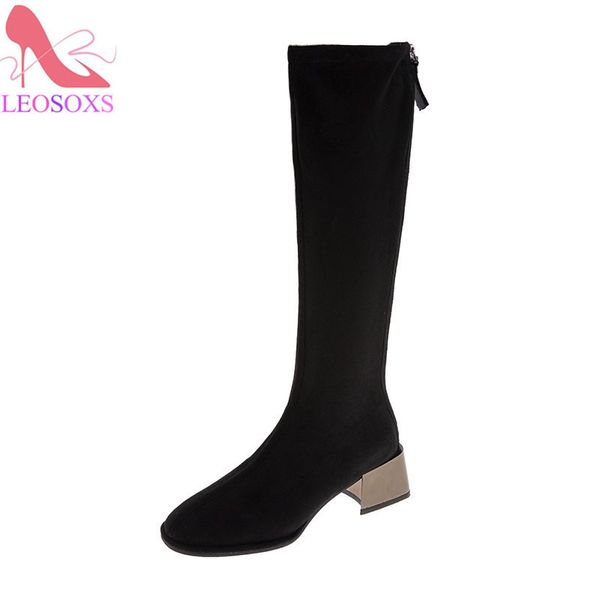 

boots women high 2021 autumn winter long european and american fashion knight round toe flat plush/mesh lining, Black