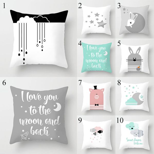 

simple polyester throw pillowcase cartoon cloud moon star pattern cushion cover white grey letters printed pillowslip home decor